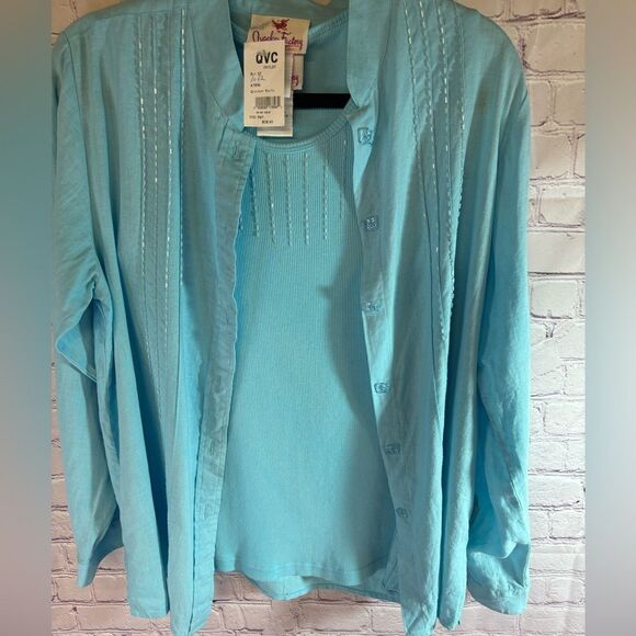 NWT Quacker Factory Beaded Linen Button Up Top and Ribbed Tank Top SET Sz S - Picture 3 of 13